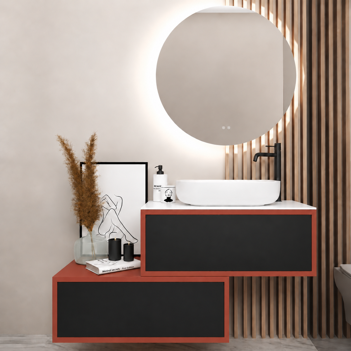 Asymmetrical Drawer vanity - cabinet 165 / drawers 6090 / White countertop