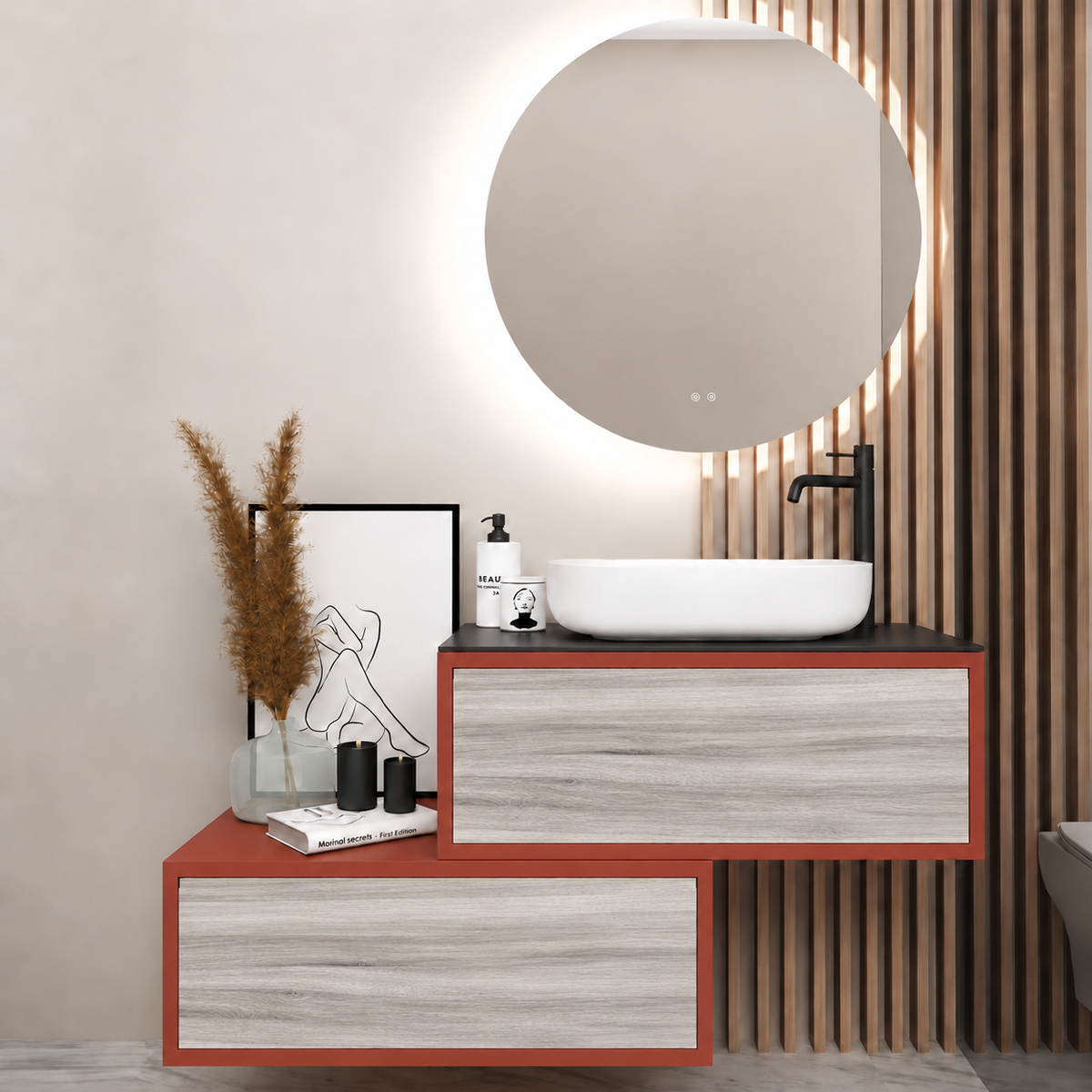 Asymmetrical Drawer vanity - cabinet 165 / drawers 719 / Black countertop