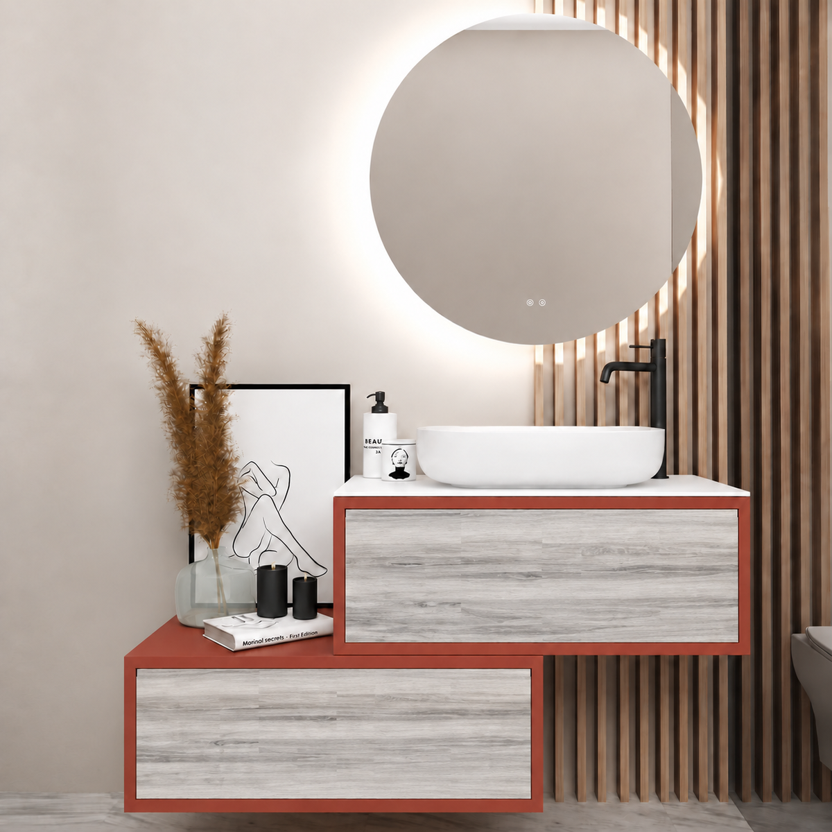 Asymmetrical Drawer vanity - cabinet 165 / drawers 719 / White countertop