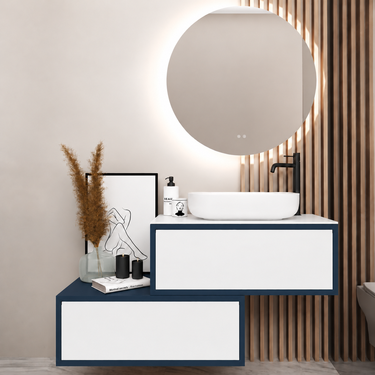 Asymmetrical Drawer vanity - cabinet 167 / drawers 101 / White countertop