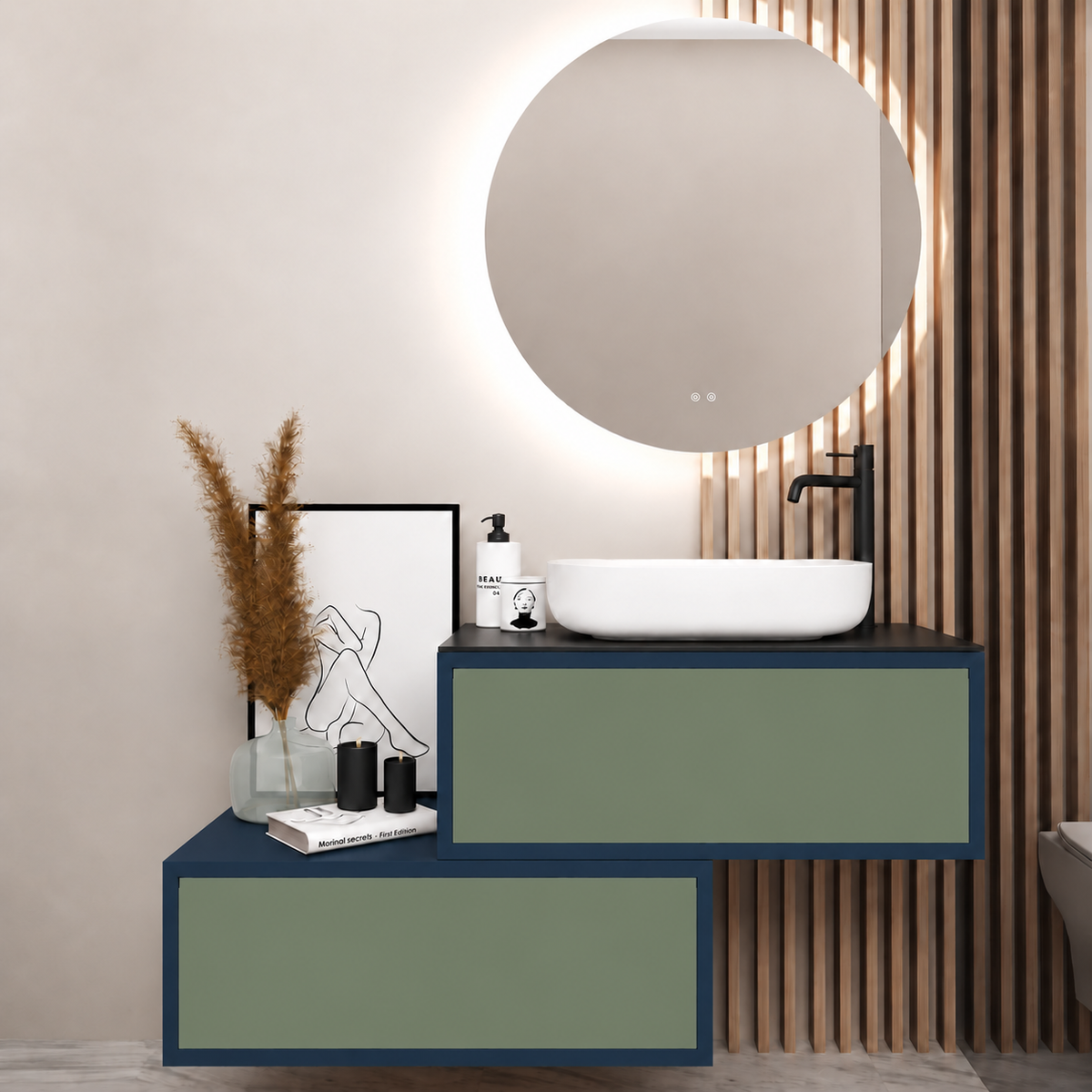 Asymmetrical Drawer vanity - cabinet 167 / drawers 162 / Black countertop