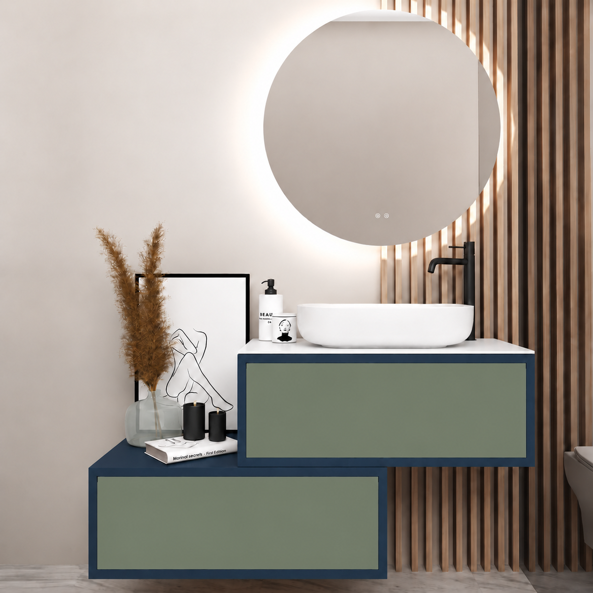 Asymmetrical Drawer vanity - cabinet 167 / drawers 162 / White countertop