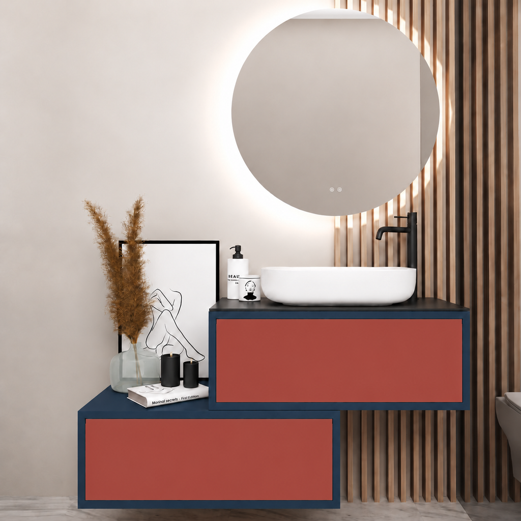 Asymmetrical Drawer vanity - cabinet 167 / drawers 165 / Black countertop