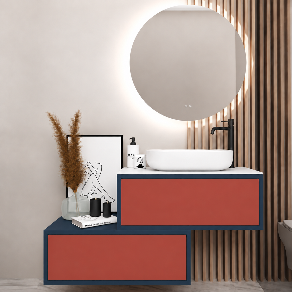 Asymmetrical Drawer vanity - cabinet 167 / drawers 165 / White countertop