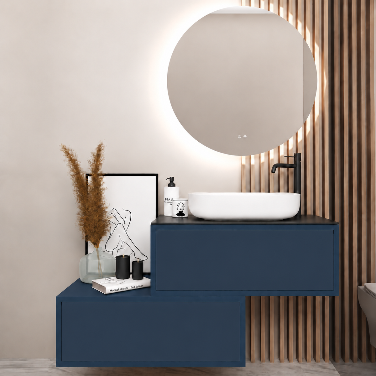 Asymmetrical Drawer vanity - cabinet 167 / drawers 167 / Black countertop