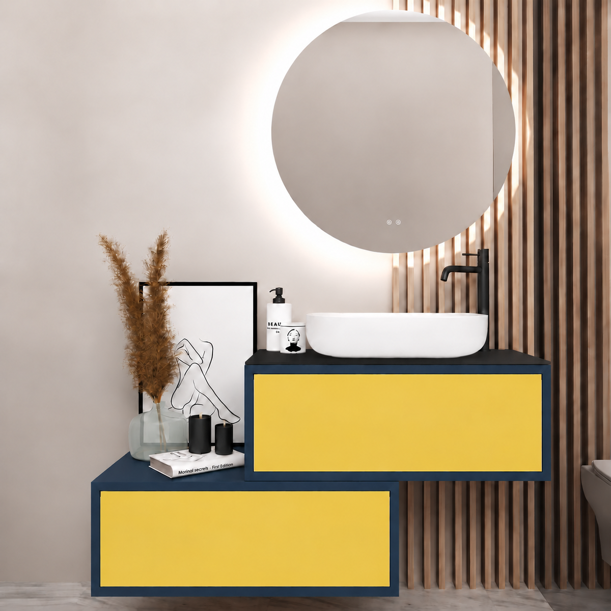 Asymmetrical Drawer vanity - cabinet 167 / drawers 168 / Black countertop