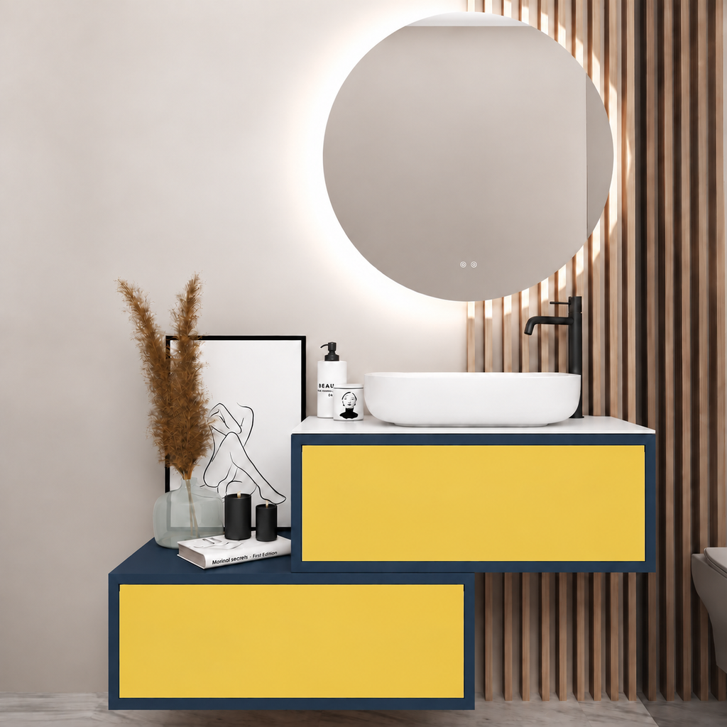 Asymmetrical Drawer vanity - cabinet 167 / drawers 168 / White countertop