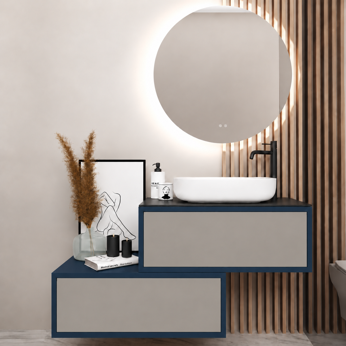 Asymmetrical Drawer vanity - cabinet 167 / drawers 194 / Black countertop