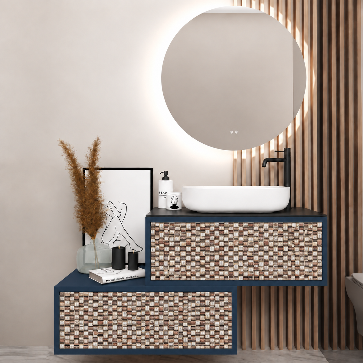 Asymmetrical Drawer vanity - cabinet 167 / drawers 245 / Black countertop