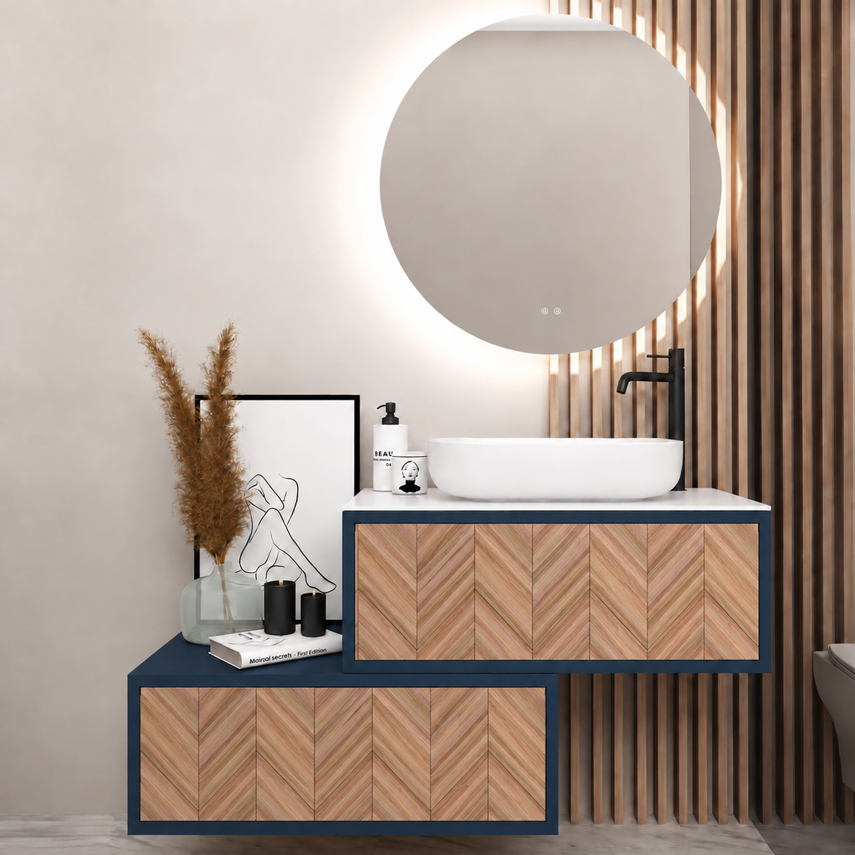 Asymmetrical Drawer vanity - cabinet 167 / drawers 270 / White countertop