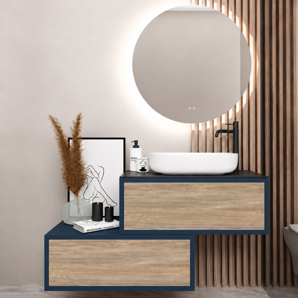 Asymmetrical Drawer vanity - cabinet 167 / drawers 331 / Black countertop