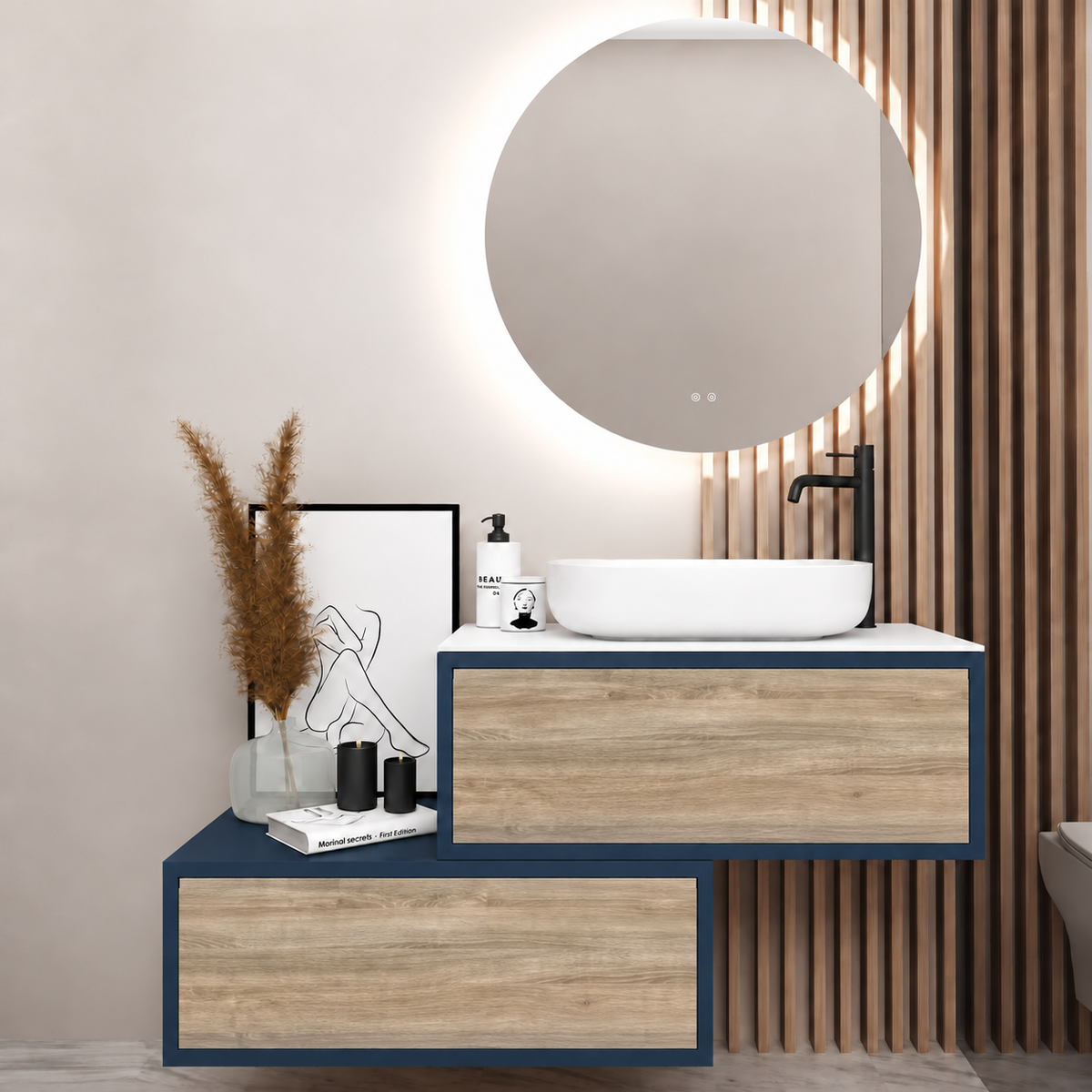 Asymmetrical Drawer vanity - cabinet 167 / drawers 331 / White countertop