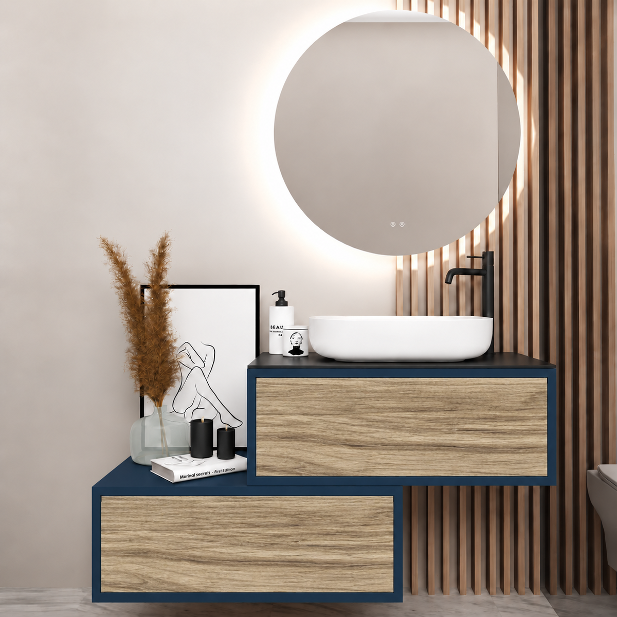Asymmetrical Drawer vanity - cabinet 167 / drawers 390 / Black countertop