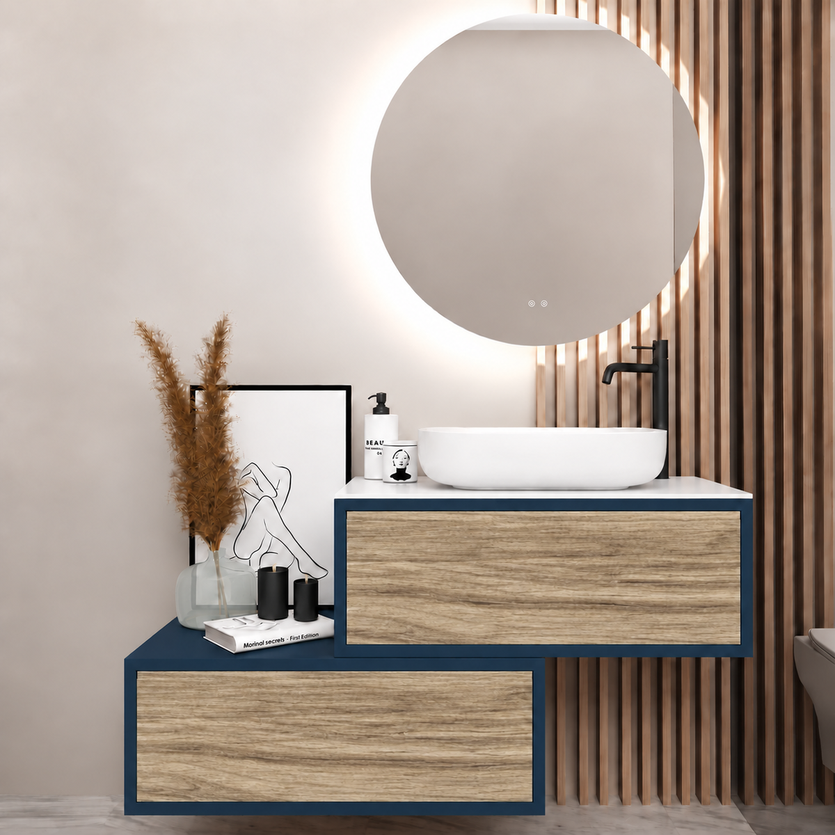 Asymmetrical Drawer vanity - cabinet 167 / drawers 390 / White countertop
