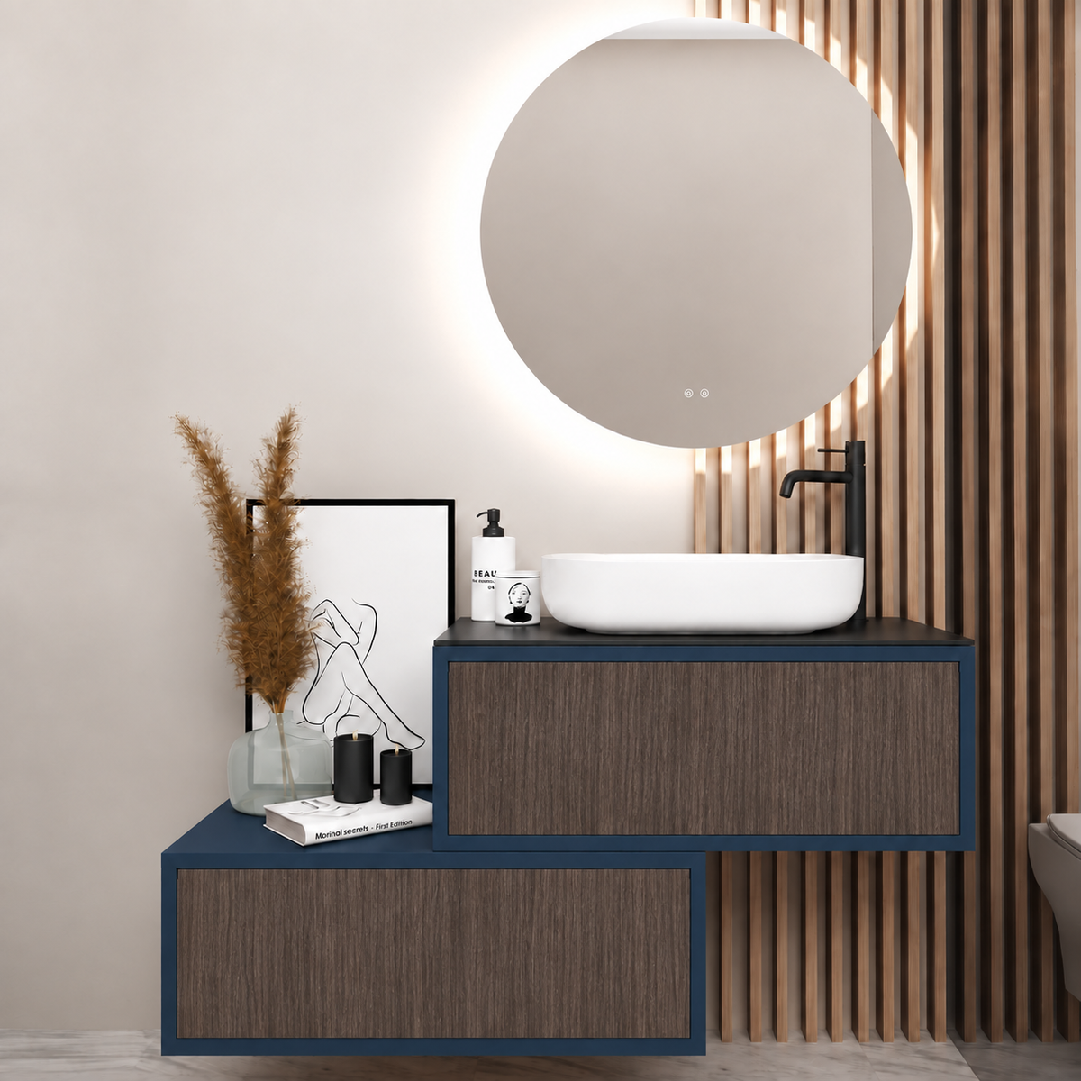 Asymmetrical Drawer vanity - cabinet 167 / drawers 399 / Black countertop