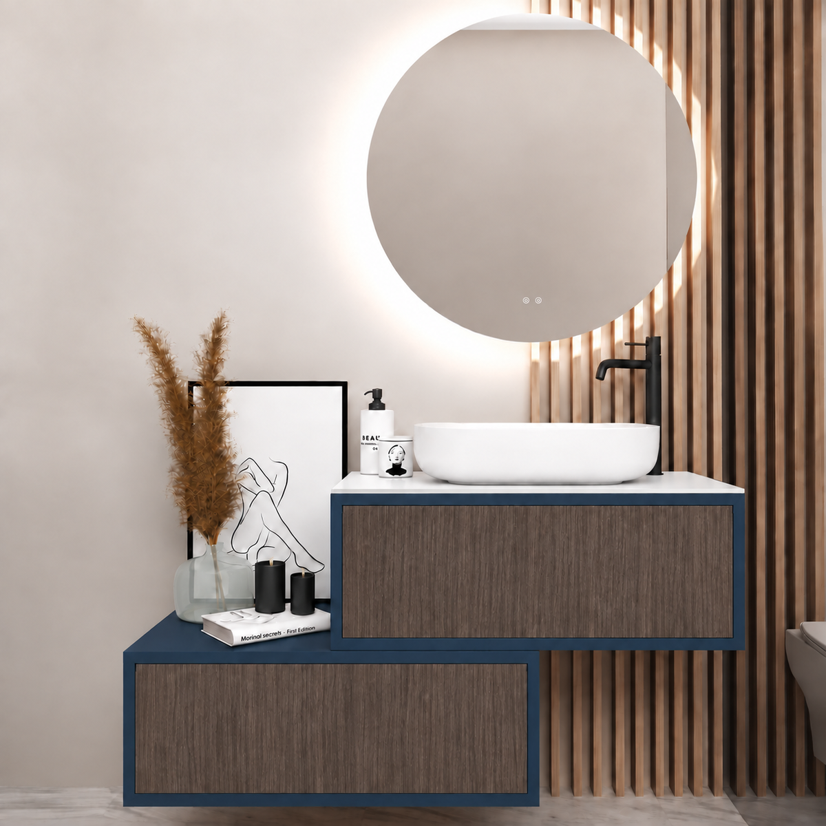 Asymmetrical Drawer vanity - cabinet 167 / drawers 399 / White countertop