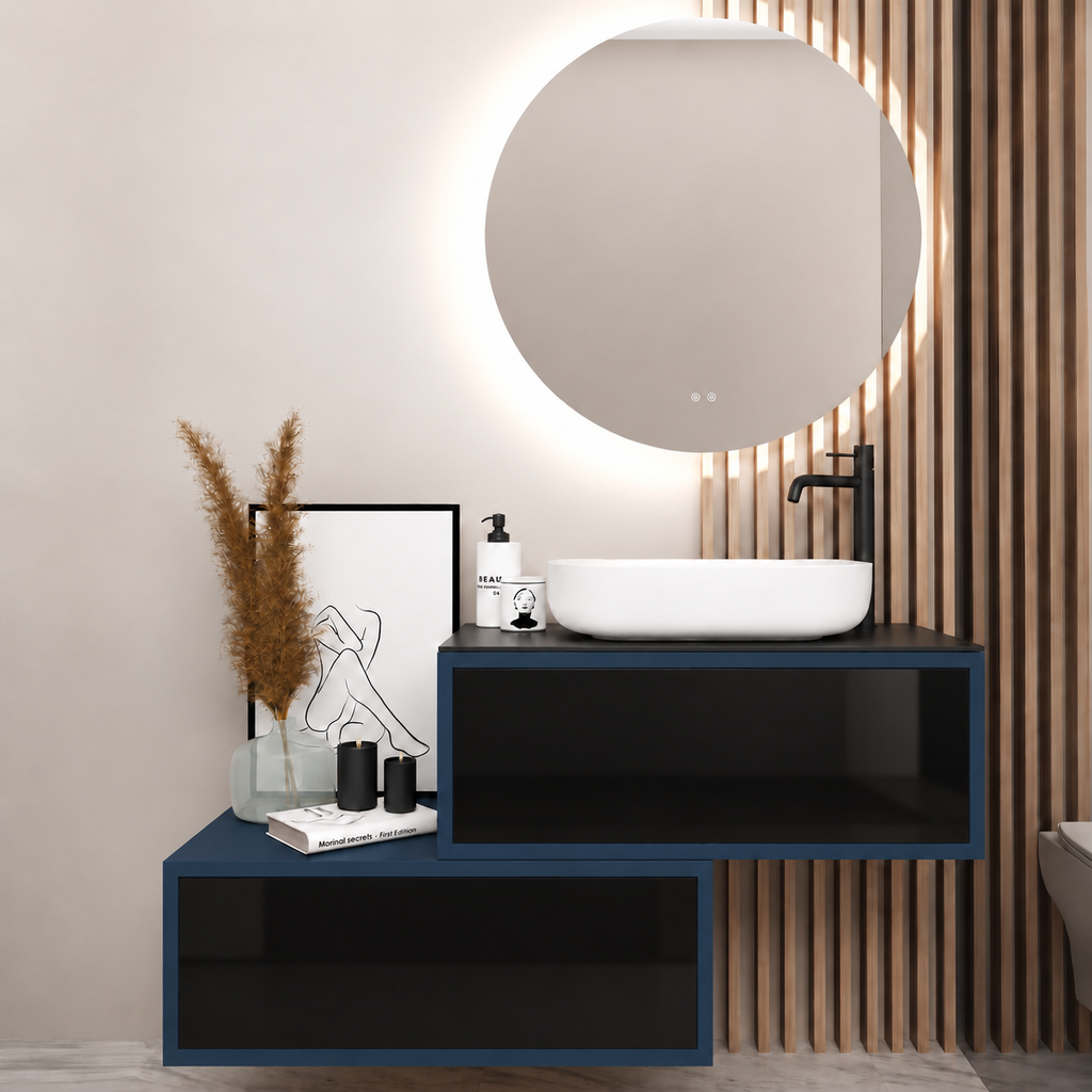 Asymmetrical Drawer vanity - cabinet 167 / drawers 6040 / Black countertop