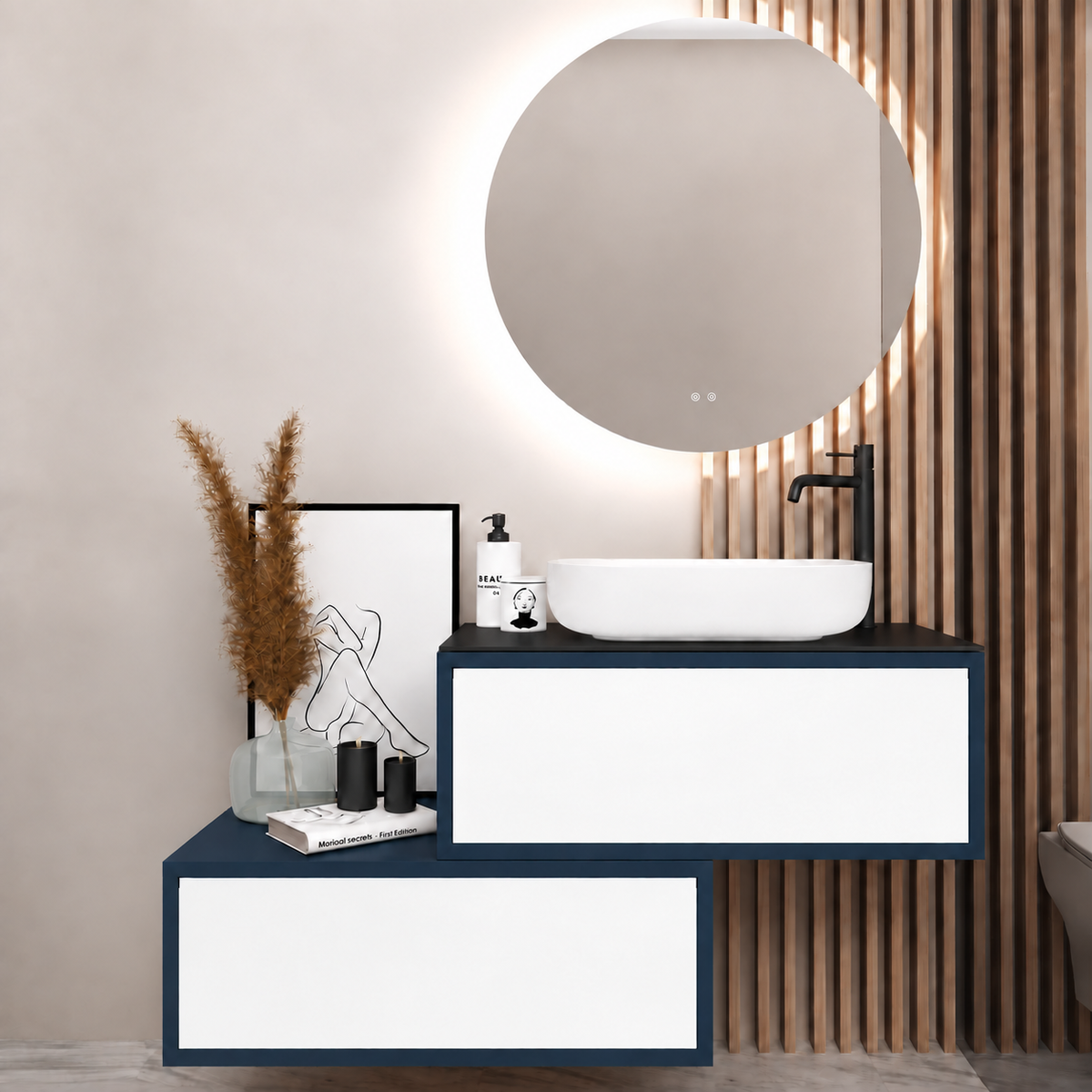 Asymmetrical Drawer vanity - cabinet 167 / drawers 6080 / Black countertop