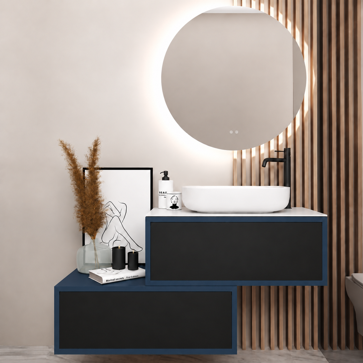 Asymmetrical Drawer vanity - cabinet 167 / drawers 6090 / White countertop