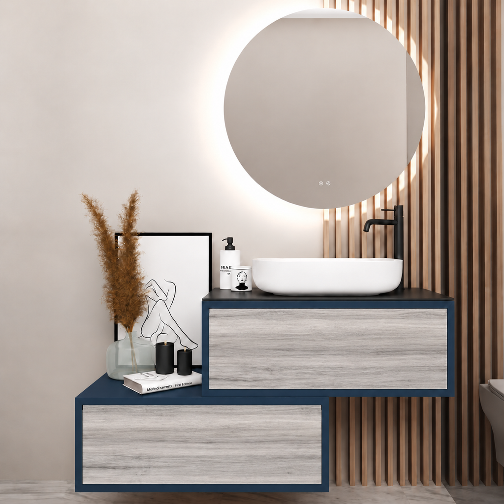 Asymmetrical Drawer vanity - cabinet 167 / drawers 719 / Black countertop