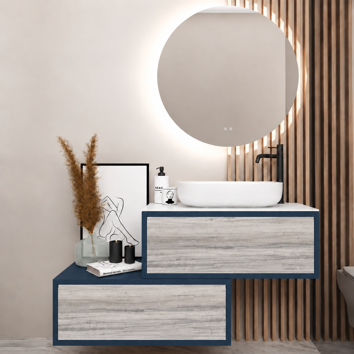 Asymmetrical Drawer vanity - cabinet 167 / drawers 719 / White countertop
