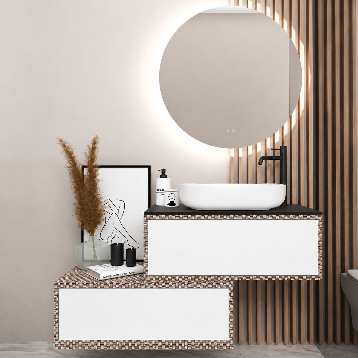 Asymmetrical Drawer vanity - cabinet 245 / drawers 101 / Black countertop