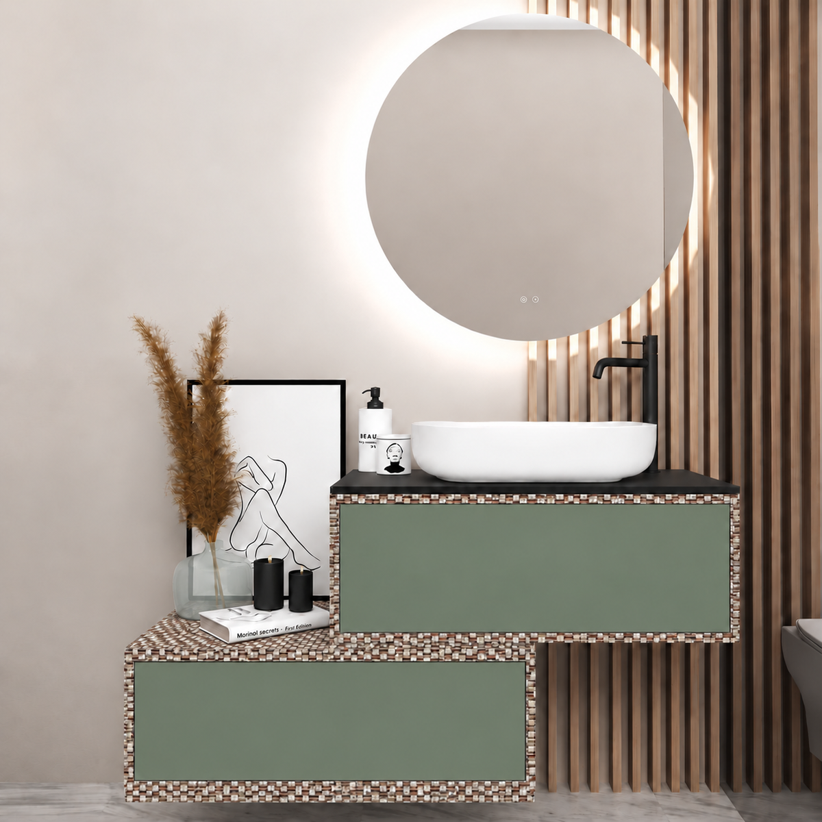 Asymmetrical Drawer vanity - cabinet 245 / drawers 162 / Black countertop
