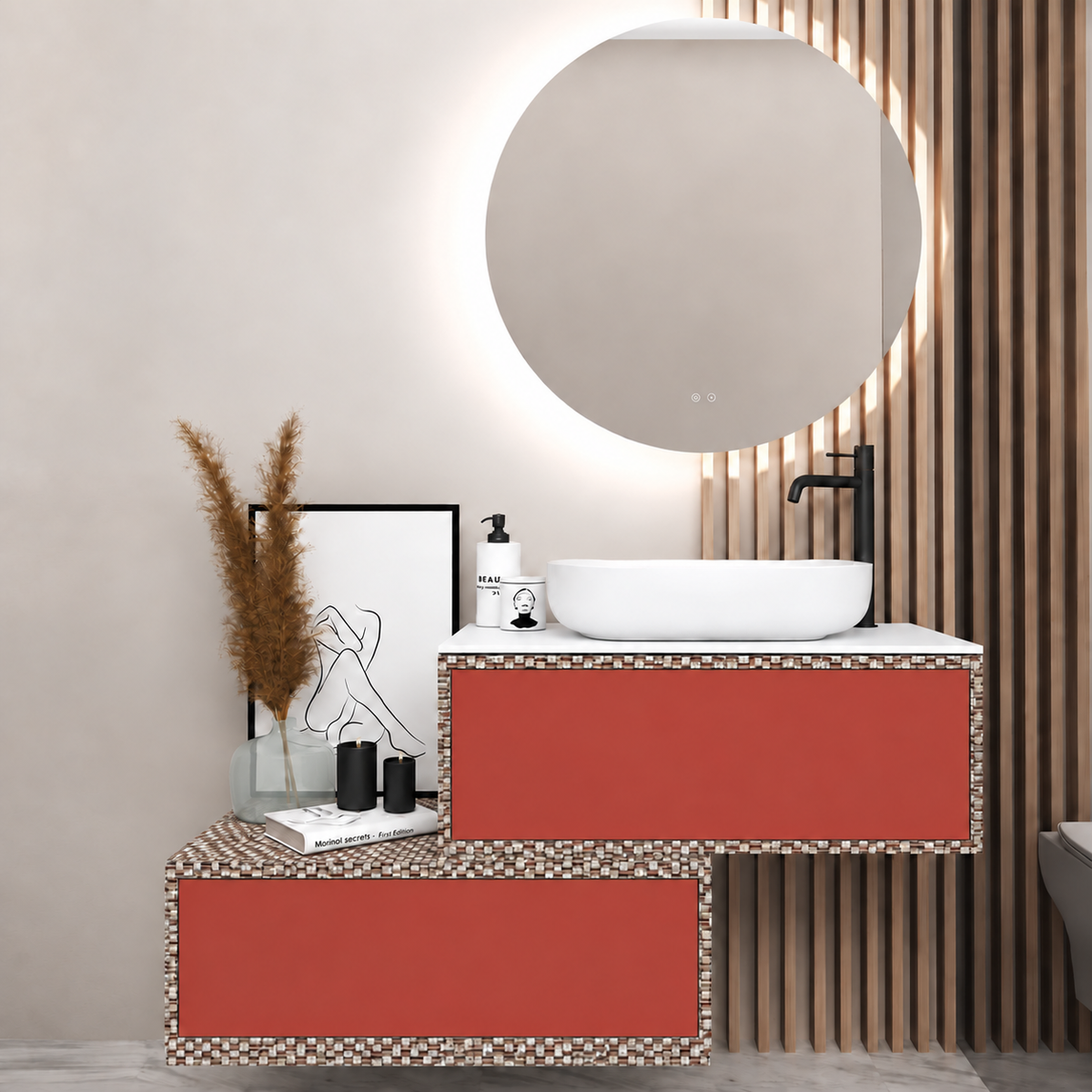 Asymmetrical Drawer vanity - cabinet 245 / drawers 165 / White countertop