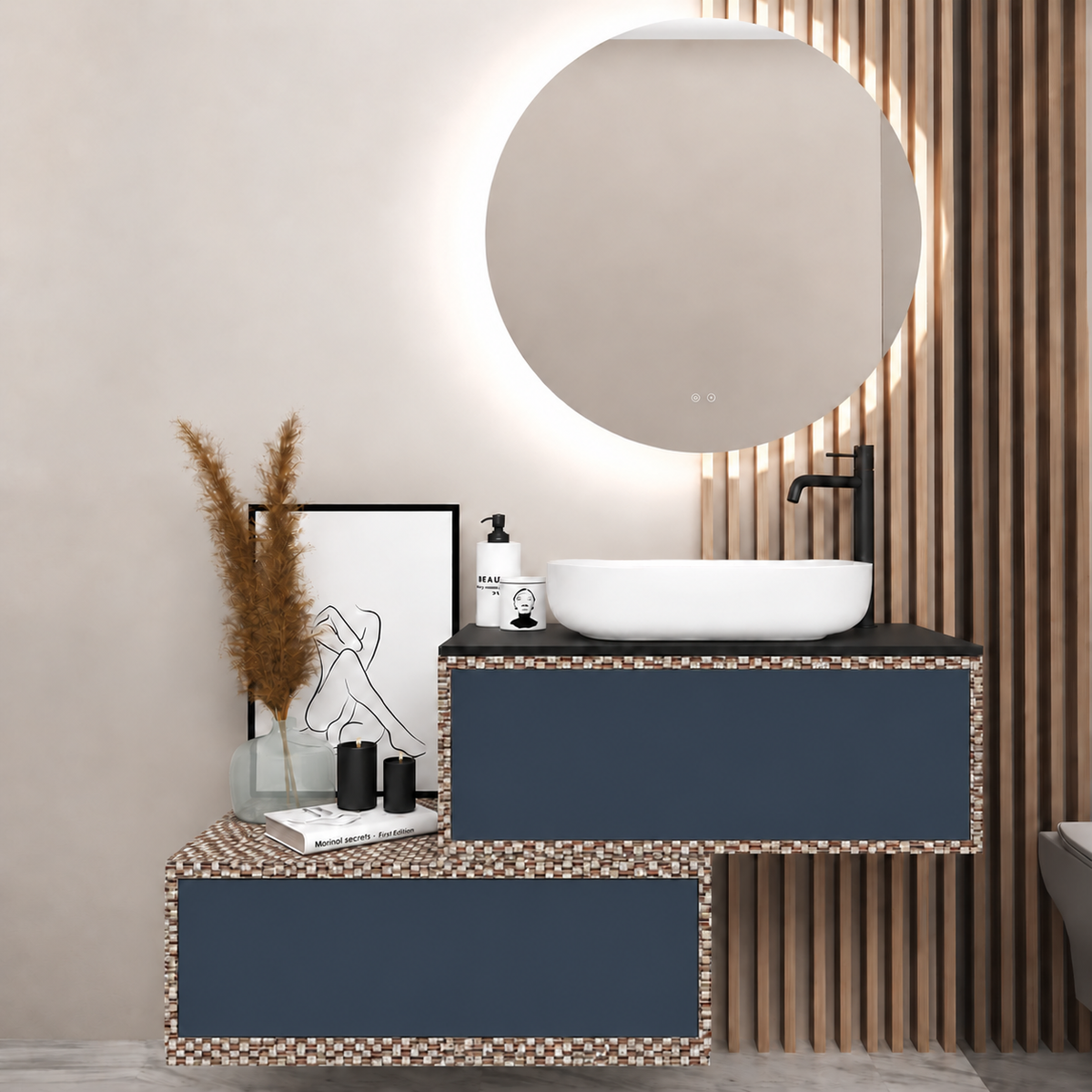 Asymmetrical Drawer vanity - cabinet 245 / drawers 167 / Black countertop