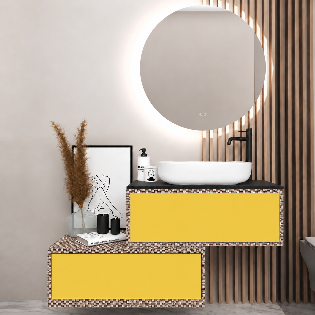 Asymmetrical Drawer vanity - cabinet 245 / drawers 168 / Black countertop