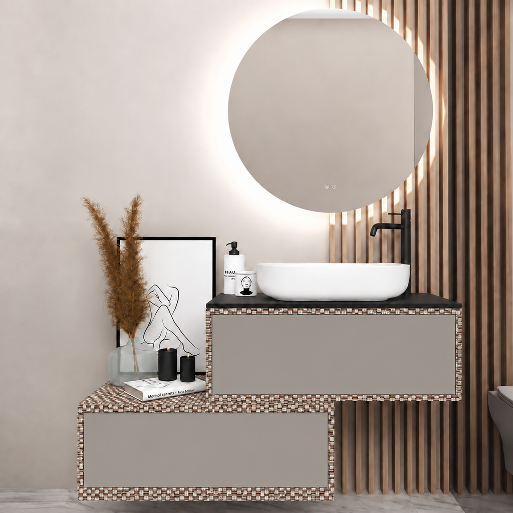 Asymmetrical Drawer vanity - cabinet 245 / drawers 194 / Black countertop