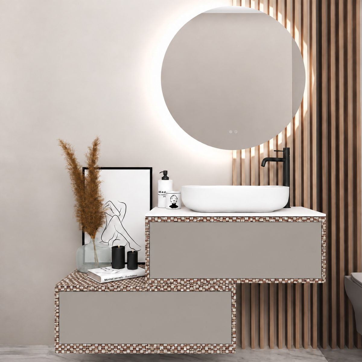 Asymmetrical Drawer vanity - cabinet 245 / drawers 194 / White countertop