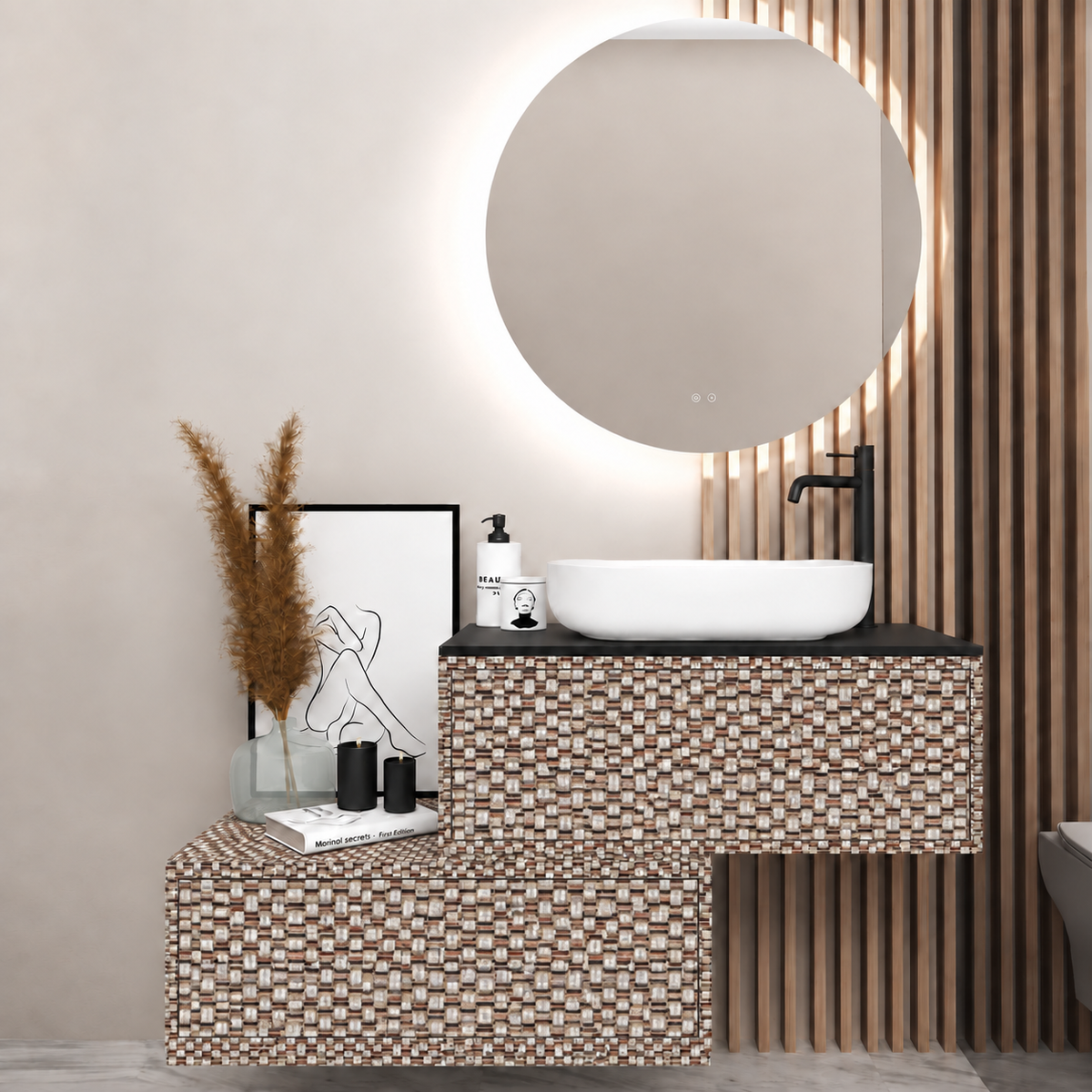 Asymmetrical Drawer vanity - cabinet 245 / drawers 245 / Black countertop