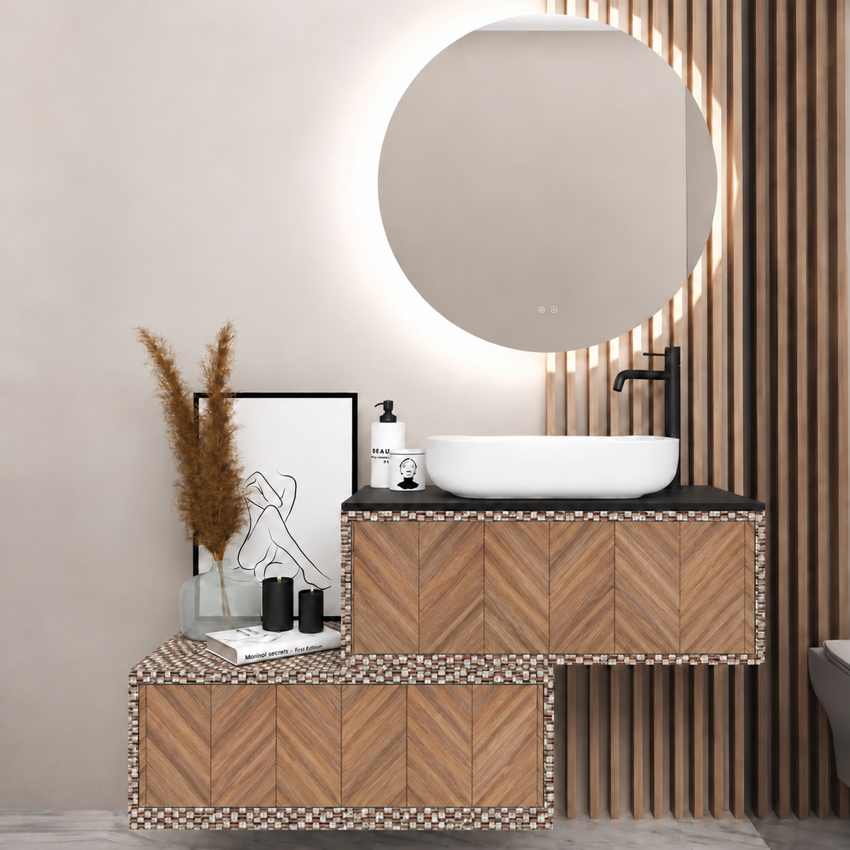 Asymmetrical Drawer vanity - cabinet 245 / drawers 270 / Black countertop