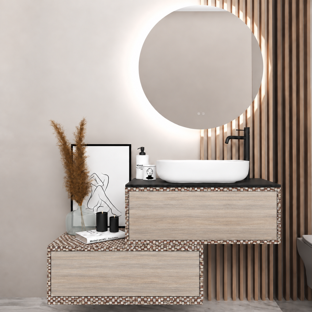 Asymmetrical Drawer vanity - cabinet 245 / drawers 326 / Black countertop