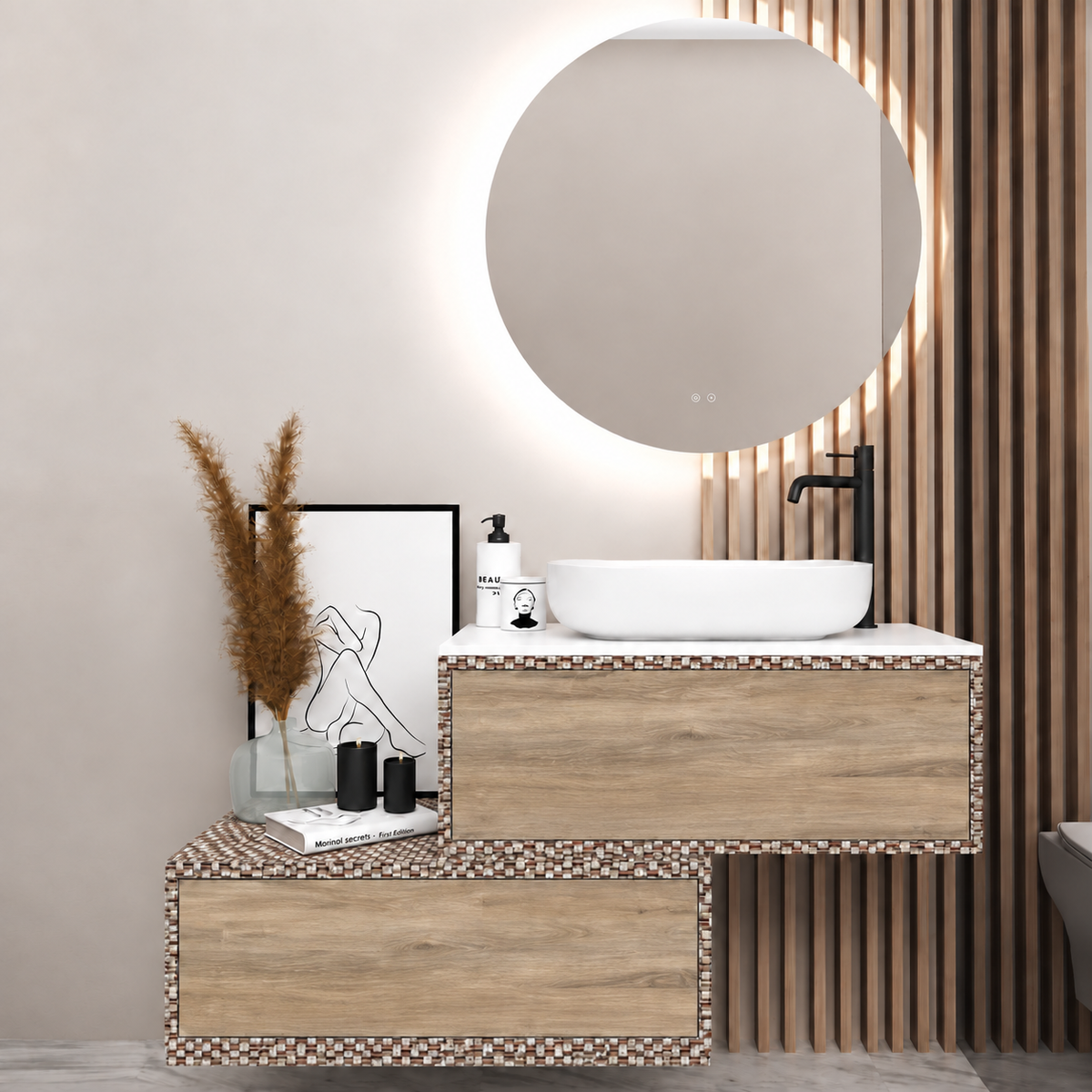 Asymmetrical Drawer vanity - cabinet 245 / drawers 331 / White countertop