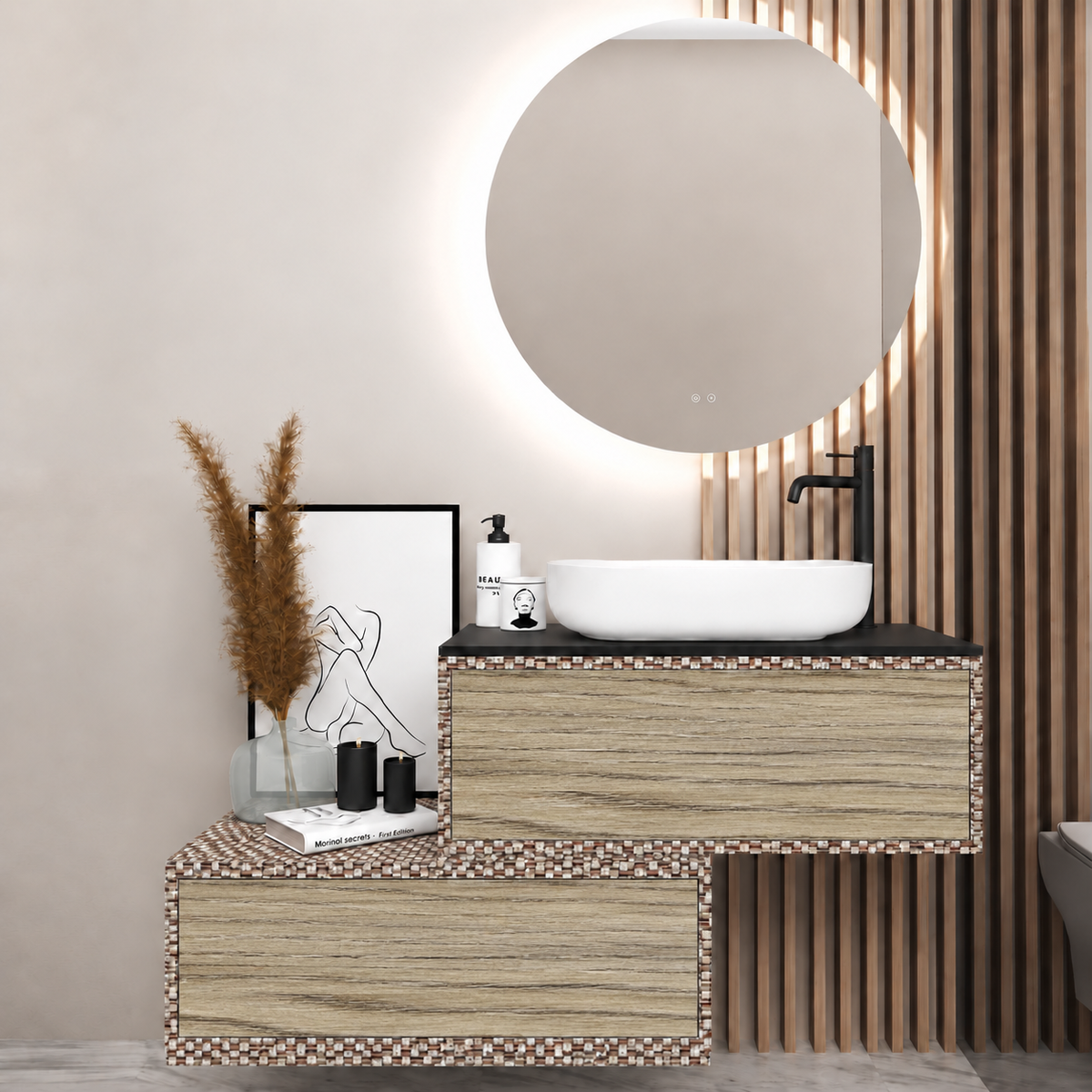 Asymmetrical Drawer vanity - cabinet 245 / drawers 390 / Black countertop