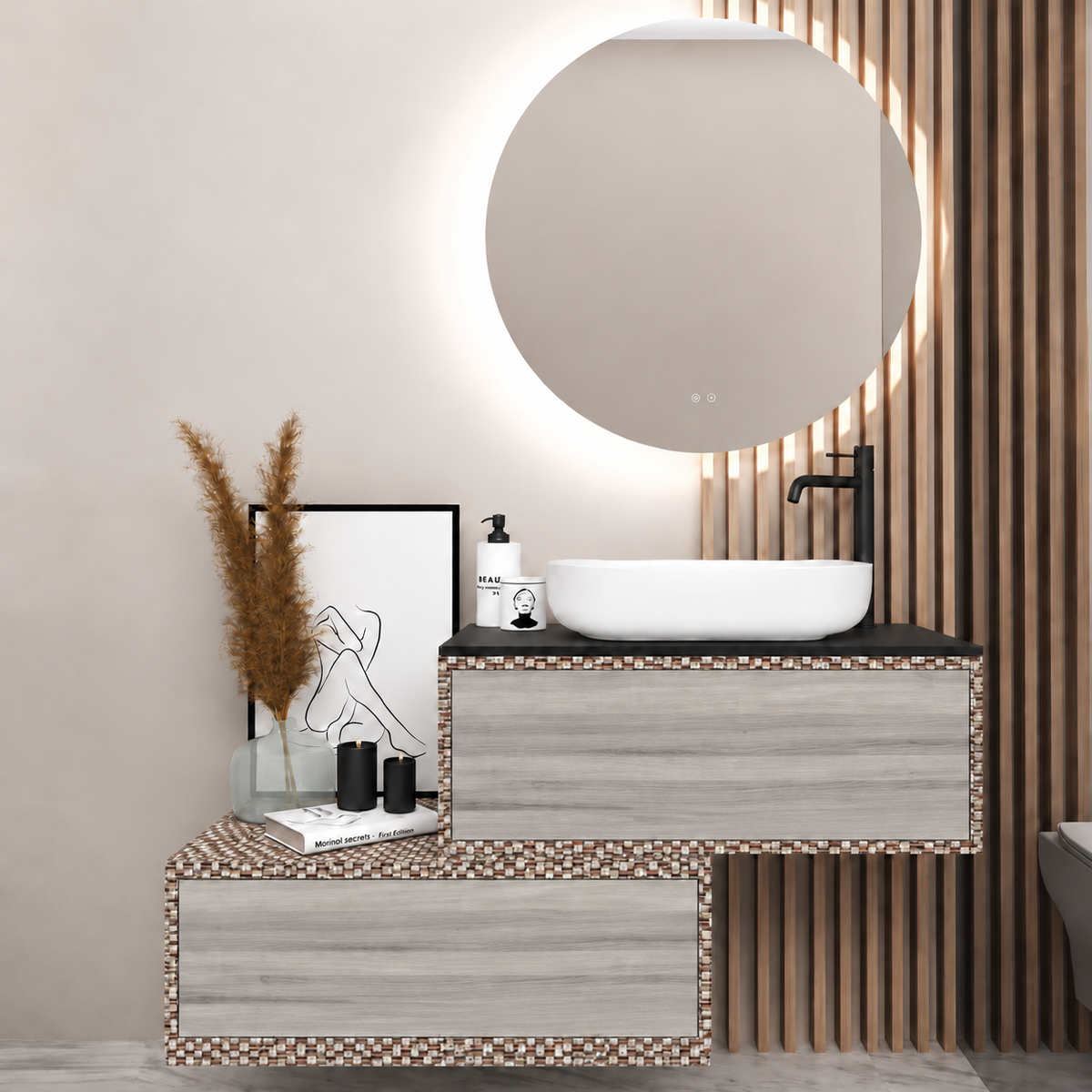 Asymmetrical Drawer vanity - cabinet 245 / drawers 719 / Black countertop