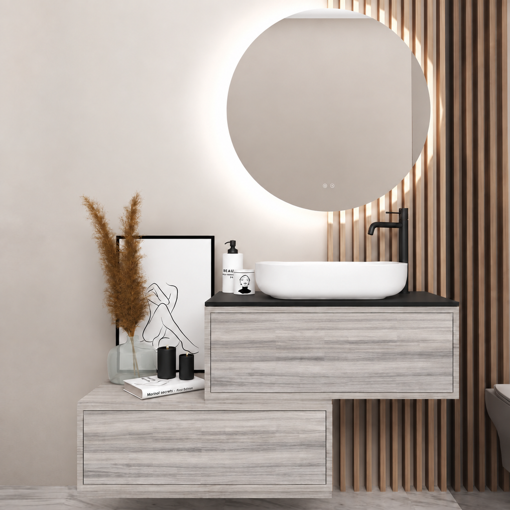 Asymmetrical Drawer vanity - cabinet 719 / drawers 719 / Black countertop