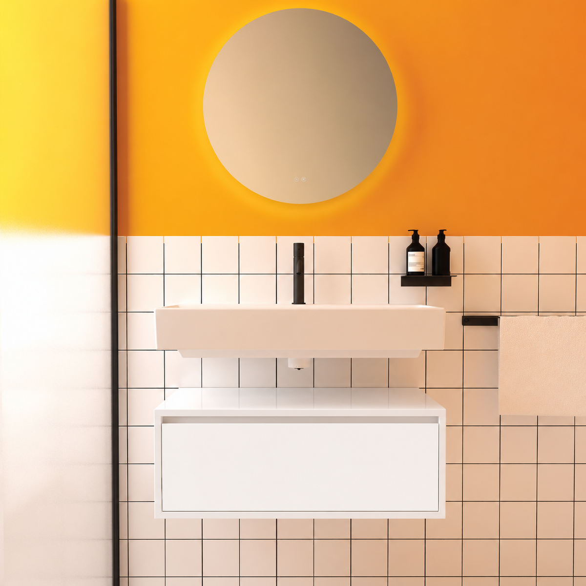 Amabile vanity — gloss white cabinet 6010, drawer finish 101