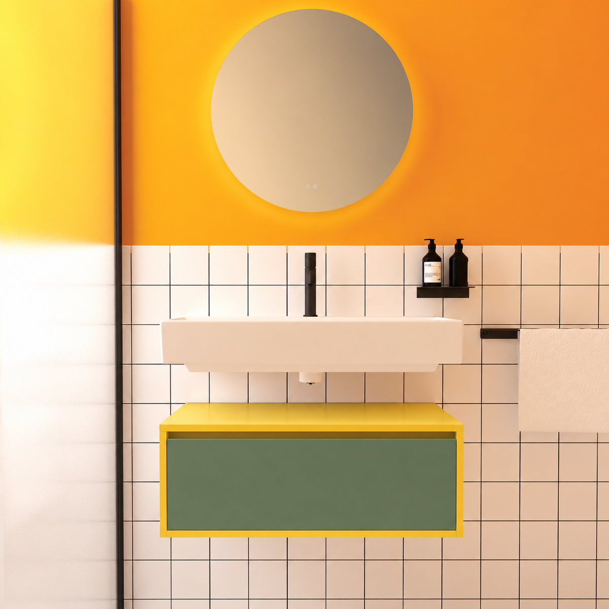 Amabile vanity — yellow168 cabinet / drawer finish162, floating separate basin