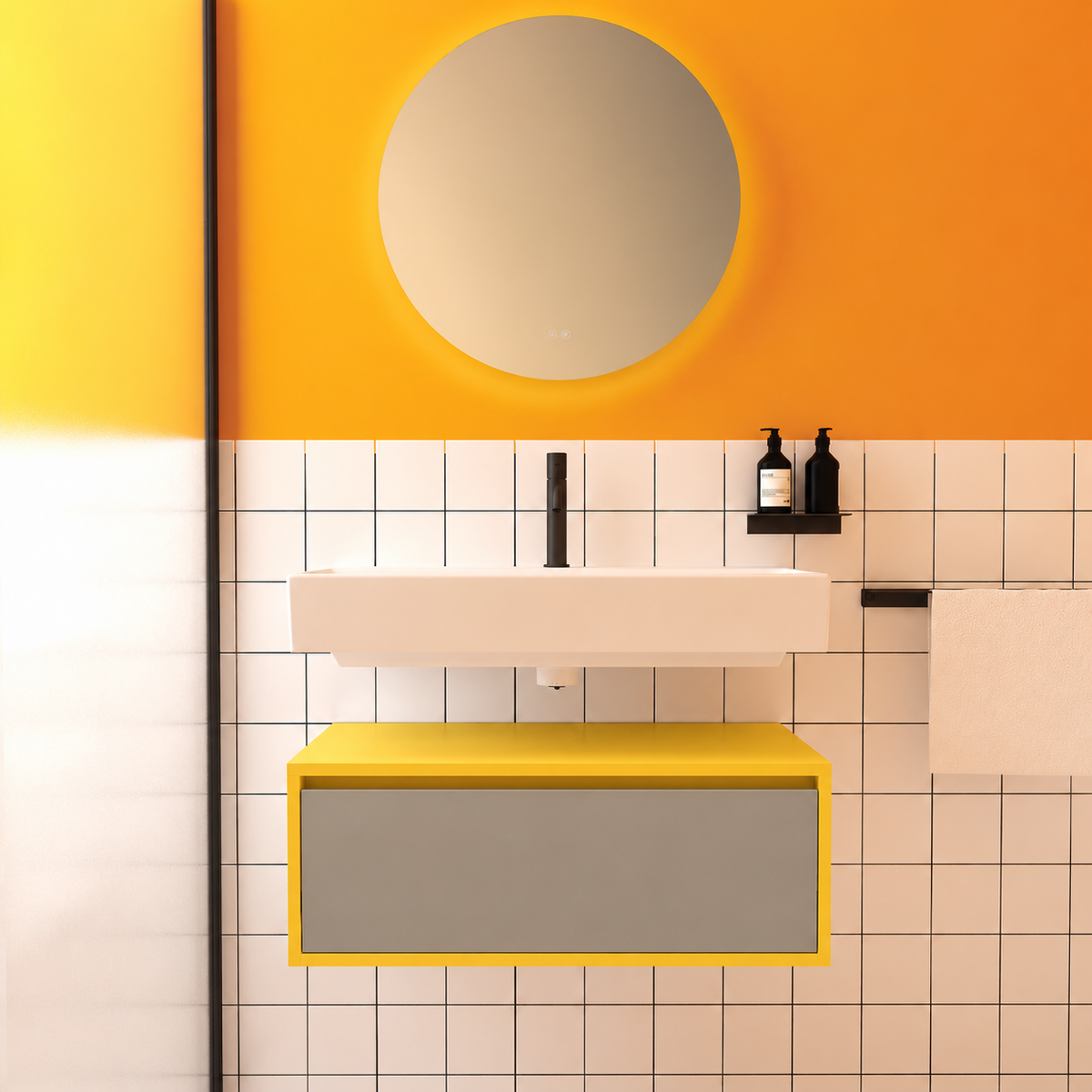 Amabile vanity — yellow168 cabinet / drawer finish194, floating separate basin