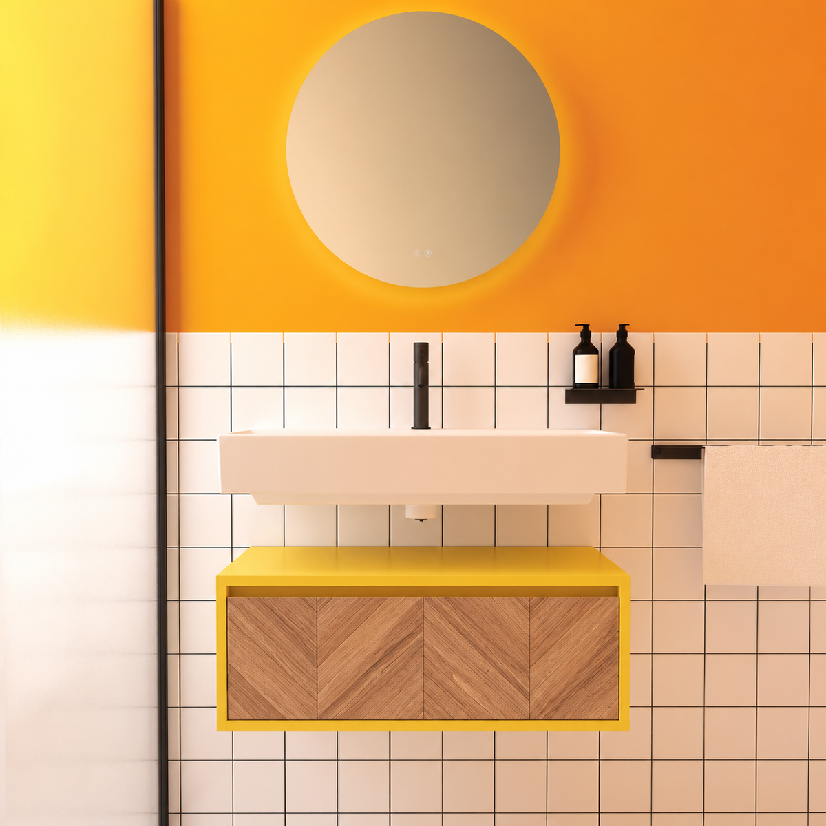 Amabile vanity — yellow168 cabinet / drawer finish270, floating separate basin