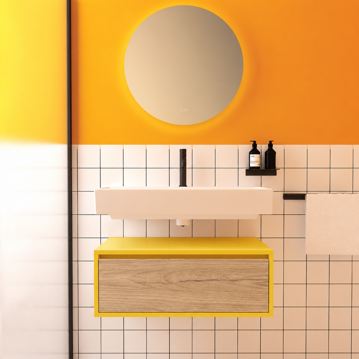 Amabile vanity — yellow168 cabinet / drawer finish331, floating separate basin