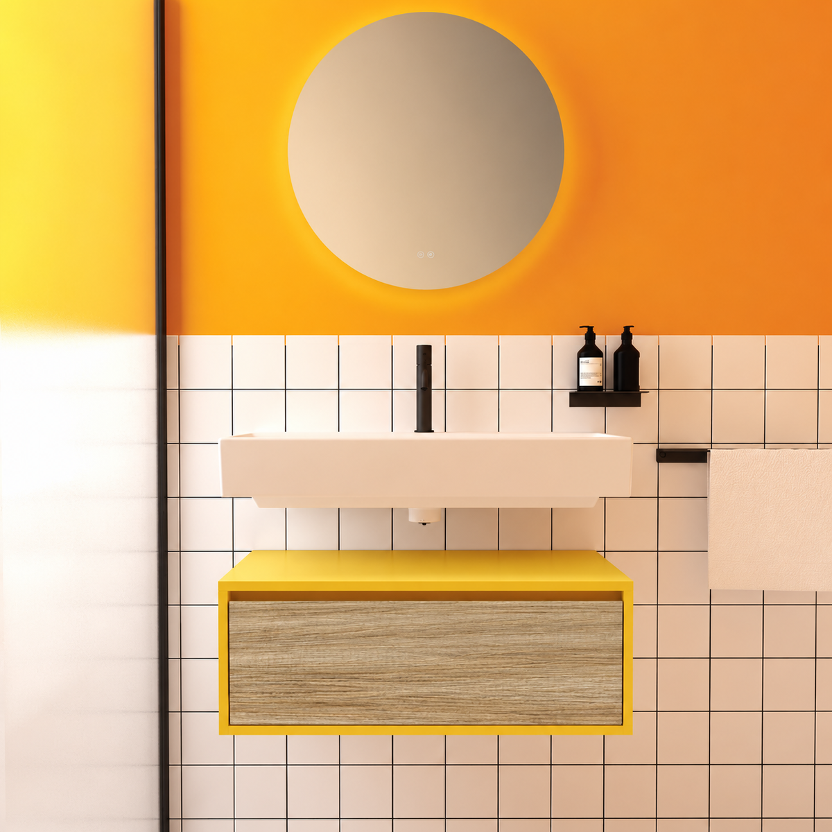 Amabile vanity — yellow168 cabinet / drawer finish390, floating separate basin