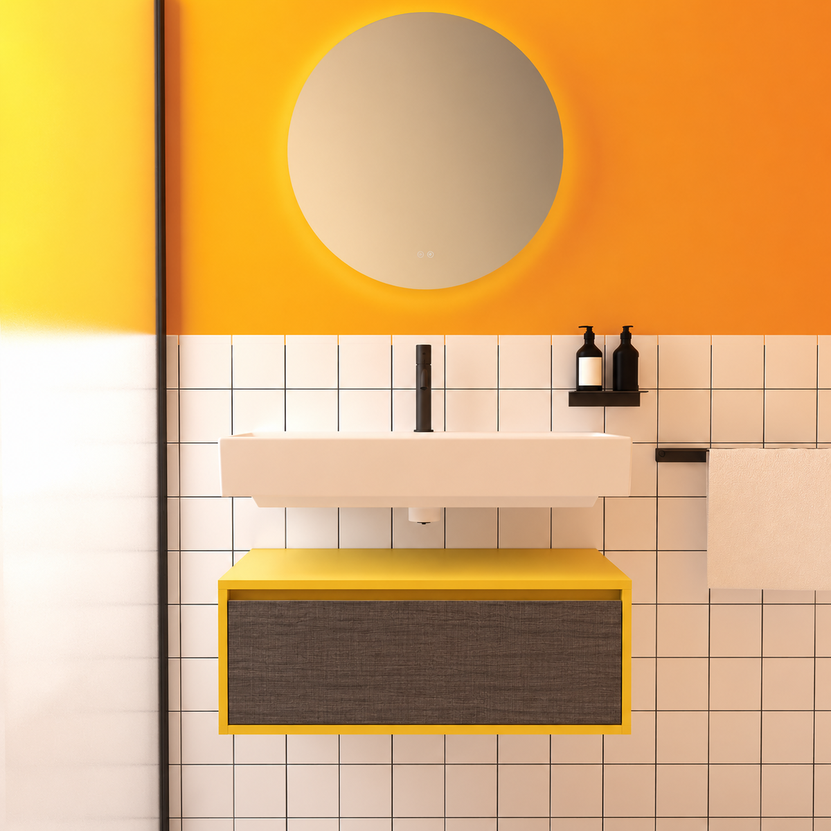 Amabile vanity — yellow168 cabinet / drawer finish399, floating separate basin