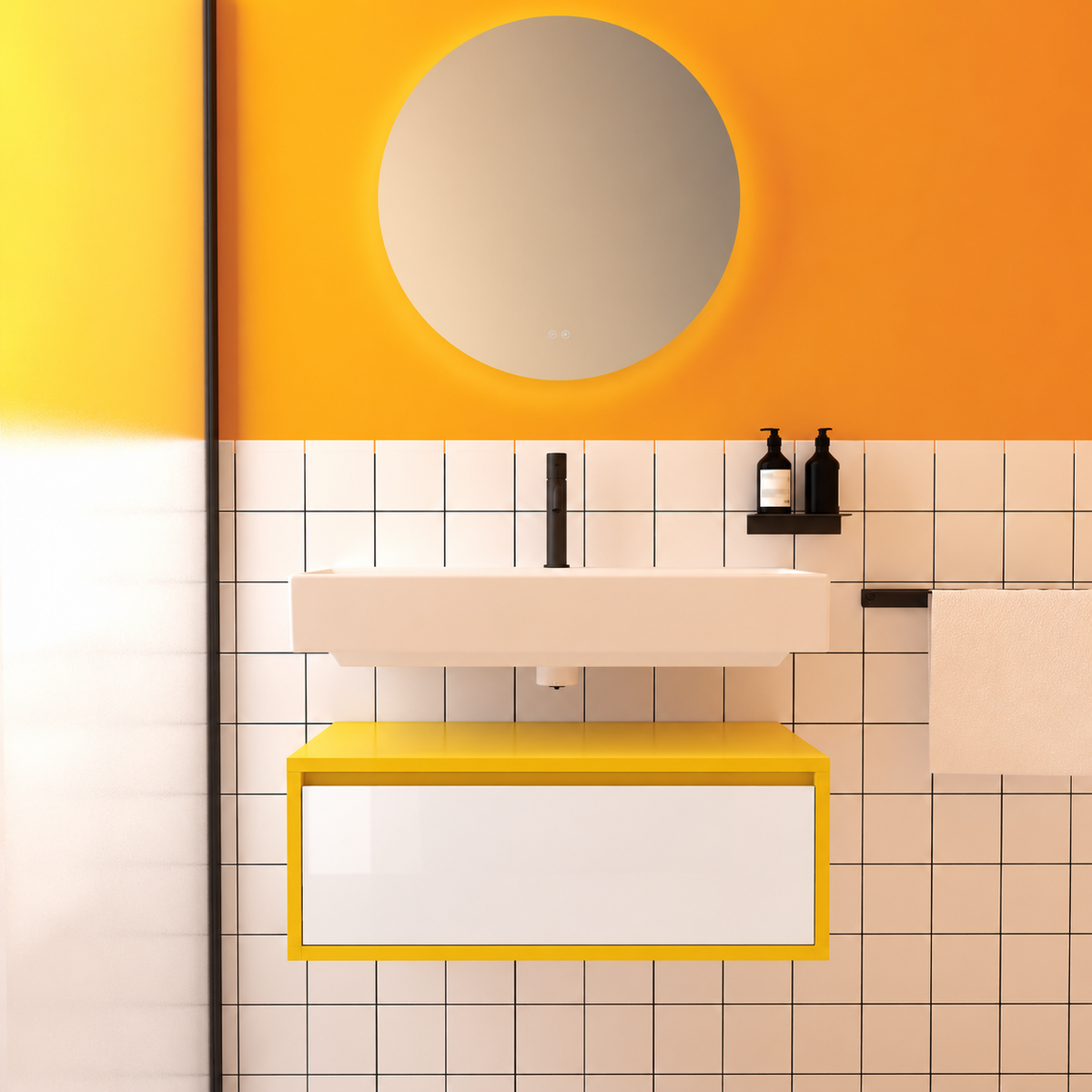 Amabile vanity — yellow168 cabinet / drawer finish6010, floating separate basin