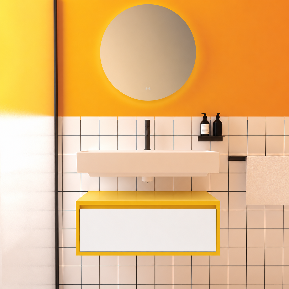 Amabile vanity — yellow168 cabinet / drawer finish6080, floating separate basin