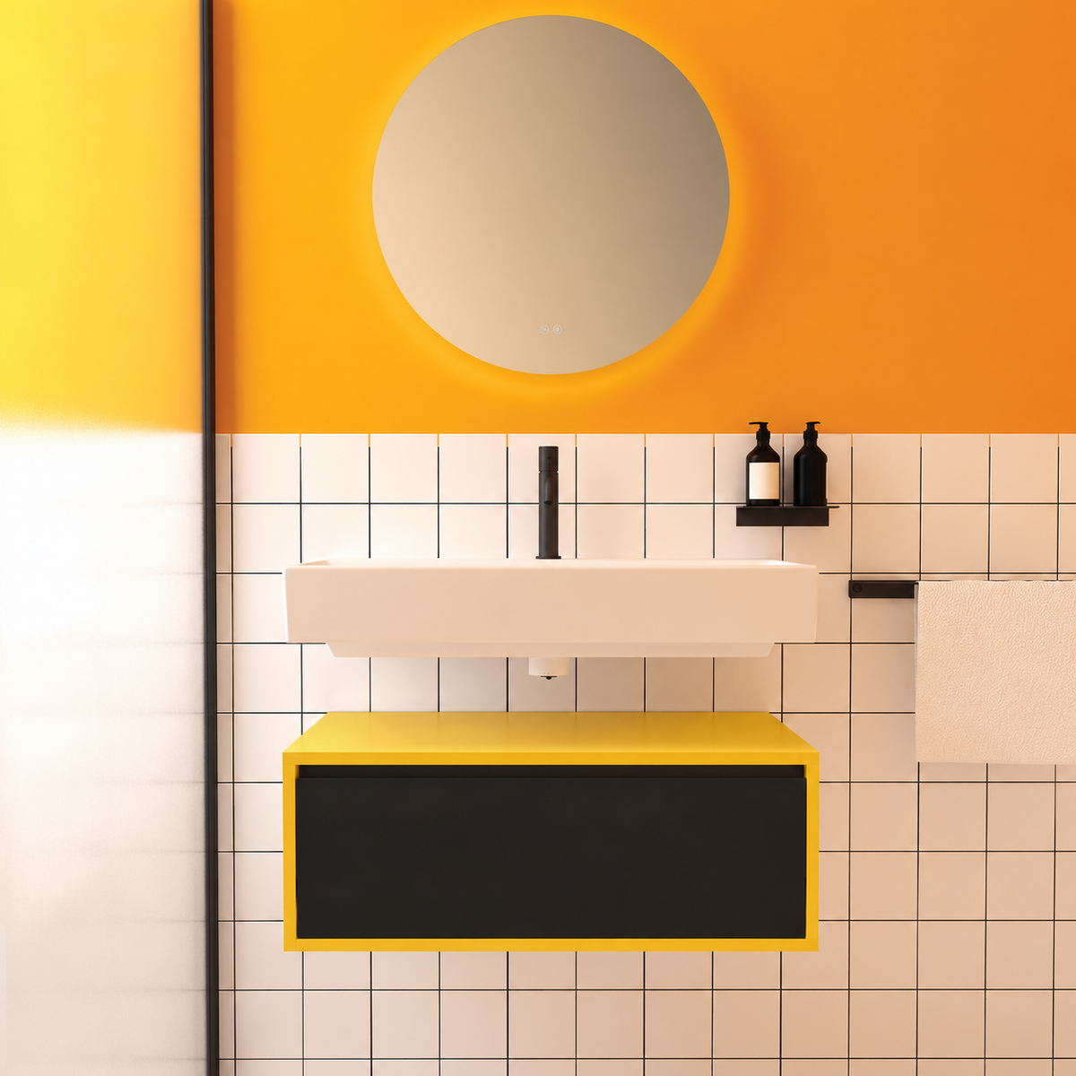 Amabile vanity — yellow168 cabinet / drawer finish6090, floating separate basin