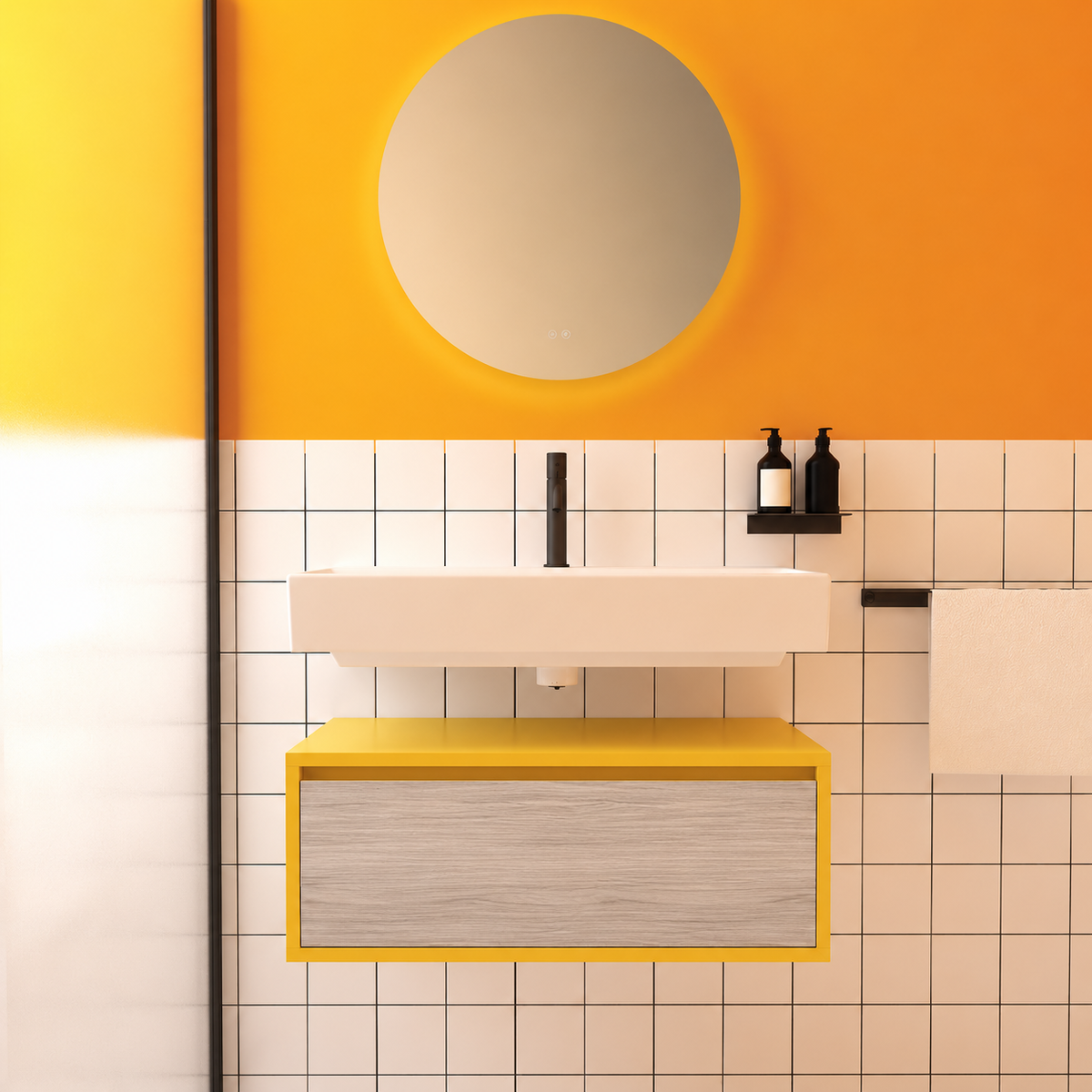 Amabile vanity — yellow168 cabinet / drawer finish719, floating separate basin